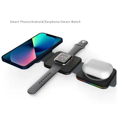 Brezžični polnilnik 3 v 1, magnetna zložljiva polnilna postaja Black