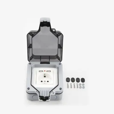 Vodotesna stenska vtičnica s pokrovom, z 2 USB vhodoma Grey