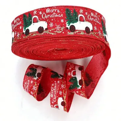 Okrasni trak božično rdeč z božičnim motivom 5 cm / 6 m