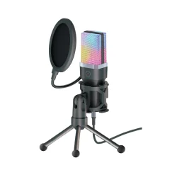Črn namizni mikrofon z RGB osvetlitvijo in adapterjem USB-C
