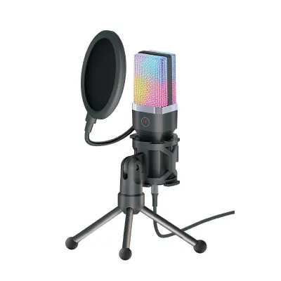 Črn namizni mikrofon z RGB osvetlitvijo in adapterjem USB-C