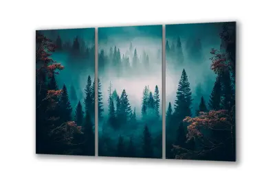 Slika na steklu borov gozd v gorah meglena narava okrasna slika 150x95 cm