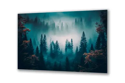 Slika na steklu borov gozd v gorah meglena narava okrasna slika 36x23 cm