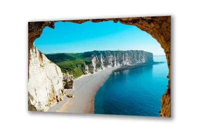 Slika na steklu morje ocean plaža skale narava okrasna slika 90x60 cm