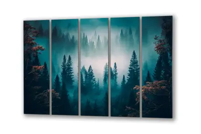 Slika na steklu borov gozd v gorah meglena narava okrasna slika 200x110 cm