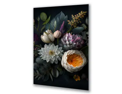 Slika na steklu cvetje na črnem ozadju vintage okrasna slika 83x130 cm