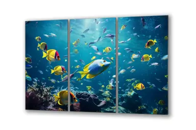 Slika na steklu ribe pod vodo ocean koralni greben okrasna slika 150x95 cm