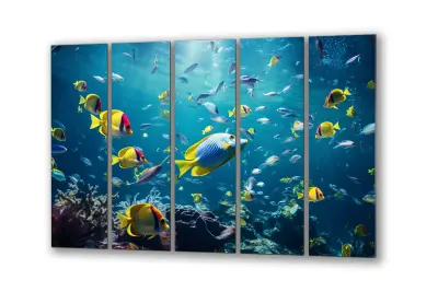 Slika na steklu ribe pod vodo ocean koralni greben okrasna slika 200x110 cm