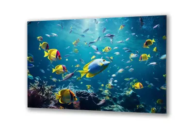 Slika na steklu ribe pod vodo ocean koralni greben okrasna slika 36x23 cm