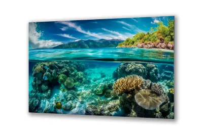 Slika na steklu morska plaža koralnega grebena okrasna slika 130x83 cm