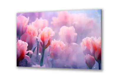 Slika na steklu roza tulipani pastelno cvetje okrasna slika 36x23 cm