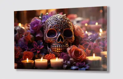 Slika na steklu zlata lobanja santa muerte tatoo okrasna slika 130x83 cm