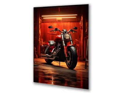 Slika na steklu rdeče motorno kolo v garaži motorno kolo okrasna slika 83x130 cm