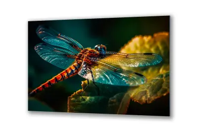 Slika na steklu velik zmajček žuželka na listu okrasna slika 36x23 cm