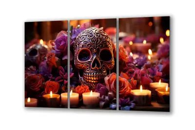 Slika na steklu zlata lobanja santa muerte tatoo okrasna slika 151x95 cm