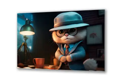 Slika na steklu detektivska mačka za otroke kitty okrasna slika 36x23 cm