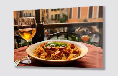Slika na steklu restavracija hrana vino miza okrasna slika 130x83 cm