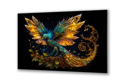 Slika na steklu zlata divja ptica na črnem ozadju okrasna slika 130x83 cm
