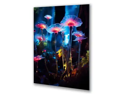 Slika na steklu svetleče gobe čarobni gozd okrasna slika 60x90 cm