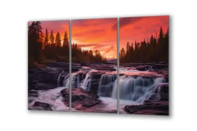 Slika na steklu slap narava gozdni sončni zahod okrasna slika 151x95 cm