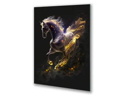 Slika na steklu beli konj zlato na črnem ozadju okrasna slika 83x130 cm