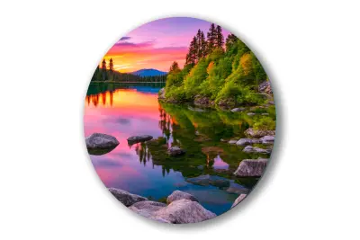 Slika na steklu okroglo jezero pokrajina zahod okrasna slika 30x30 cm