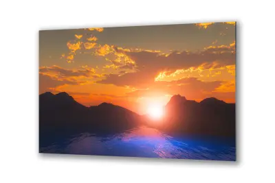 Slika na steklu narava gore sončni vzhod voda okrasna slika 90x60 cm