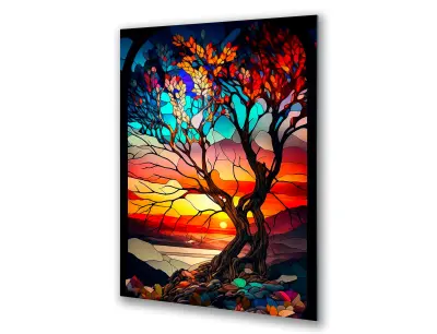 Slika na steklu vitražno drevo jesen zahod okrasna slika 60x90 cm
