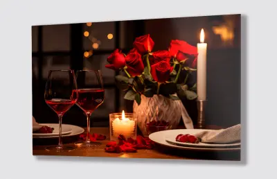 Slika na steklu večerja na mizi s svečami vino okrasna slika 36x23 cm