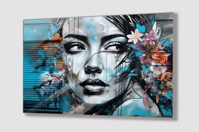 Slika na steklu grafitski obraz ženske ulične umetnosti okrasna slika 90x60 cm