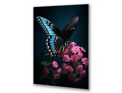 Slika na steklu cvetovi metuljev na črnem ozadju okrasna slika 83x130 cm