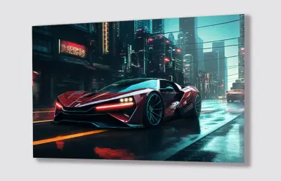 Slika na steklu športni avtomobil v mestu hitro okrasna slika 130x83 cm