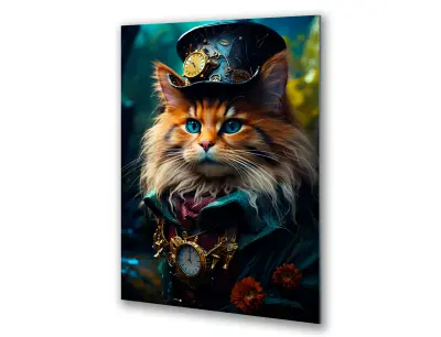 Slika na steklu pravljični maček v klobuku ure okrasna slika 83x130 cm