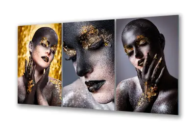 Slika na steklu zlato ličenje ženskega obraza črno okrasna slika 180x90 cm