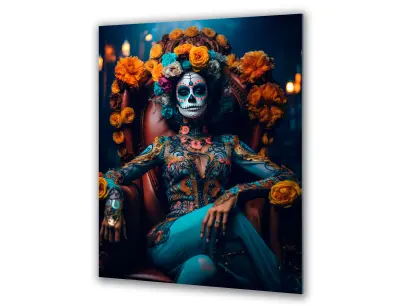 Slika na steklu santa muerte smrt lobanja tatoo okrasna slika 23x36 cm