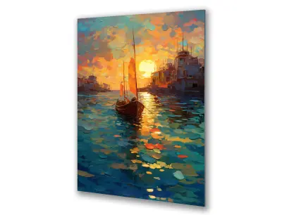 Slika na steklu slikarstvo ladja sončni zahod okrasna slika 23x36 cm