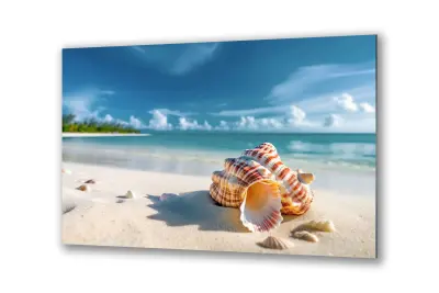 Slika na steklu narava morske školjke na plaži okrasna slika 90x60 cm