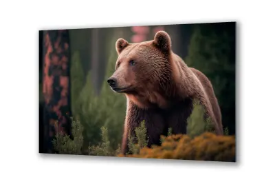 Slika na steklu živali medved v gozdu okrasna slika 130x83 cm