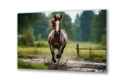Slika na steklu galopirajoči konj teče konj travnik okrasna slika 130x83 cm