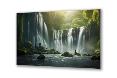 Slika na steklu slap v gozdu naravno zdravilišče okrasna slika 90x60 cm