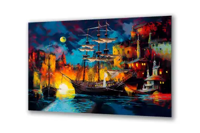 Slika na steklu slika mesto pristanišče noč ladja okrasna slika 36x23 cm