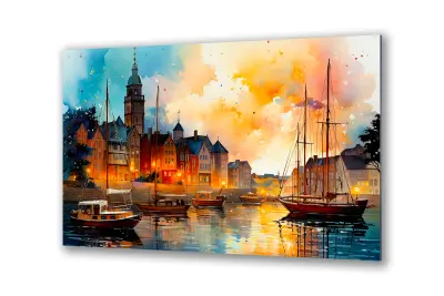 Slika na steklu slikarstvo mesto harbour city okrasna slika 130x83 cm