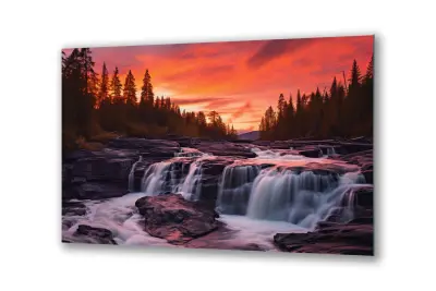 Slika na steklu slap narava gozdni sončni zahod okrasna slika 130x83 cm