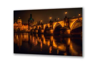 Slika na steklu mesto nočni most reka svetlobe okrasna slika 130x83 cm