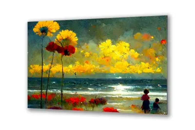 Slika na steklu nadrealizem slikarstvo cvetje plaža okrasna slika 90x60 cm