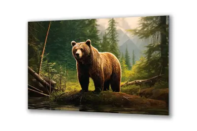 Slika na steklu živali medved v gozdu okrasna slika 36x23 cm