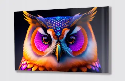 Slika na steklu pisana mavrična sova nasičenih barv okrasna slika 130x83 cm
