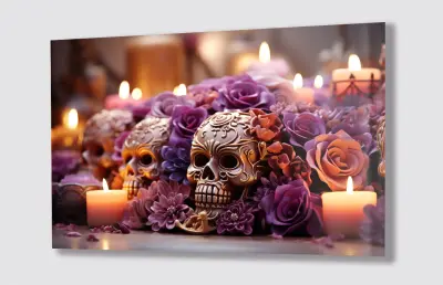 Slika na steklu santa muerte zlata lobanja cvetje okrasna slika 130x83 cm