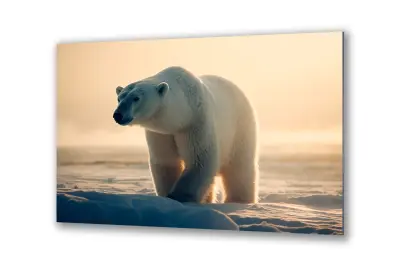 Slika na steklu beli polarni medved na snegu okrasna slika 130x83 cm