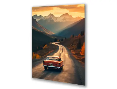 Slika na steklu gorska cesta stari retro avto okrasna slika 23x36 cm